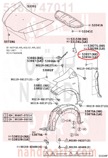 5385747011,RETAINER, FRONT WHEEL OPENING EXTENSION, RH,قاعدة جانبية 