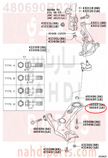 480690R020,ARM SUB-ASSY, FRONT SUSPENSION, LOWER NO.1 LH,مقص  امامى تحت يسار 