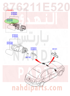 876211E520,MIRROR & HOLDER-OUTSIDE RR,RH,قزاز مراية يمين