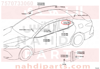 7570733060,MOULDING SUB-ASSY, REAR DOOR WINDOW FRAME, يمين   ,صب ، إطار نافذة الباب الخلفي ، على اليمين