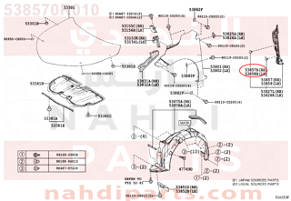 538570R010,RETAINER, FRONT WHEEL OPENING EXTENSION, RH,قاعدة جانبية 